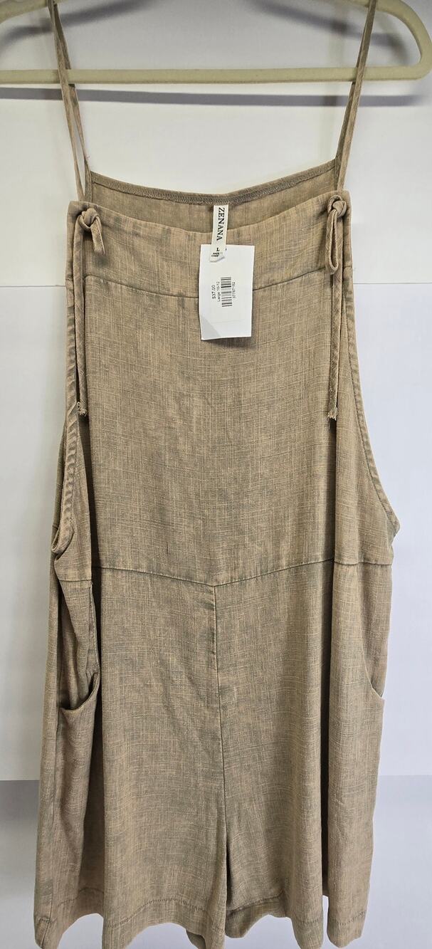 NWT Zenana SZ L Washed Linen and Rayon Knot Strap Romper